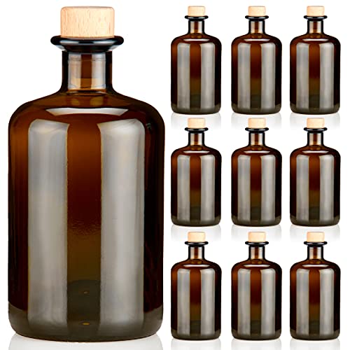 9x Apothekerflaschen braun 500ml leer Holzkorken natur, elegante Braunglas Flaschen schwarz antik für Öl, Gin, Kräuter Schnaps...